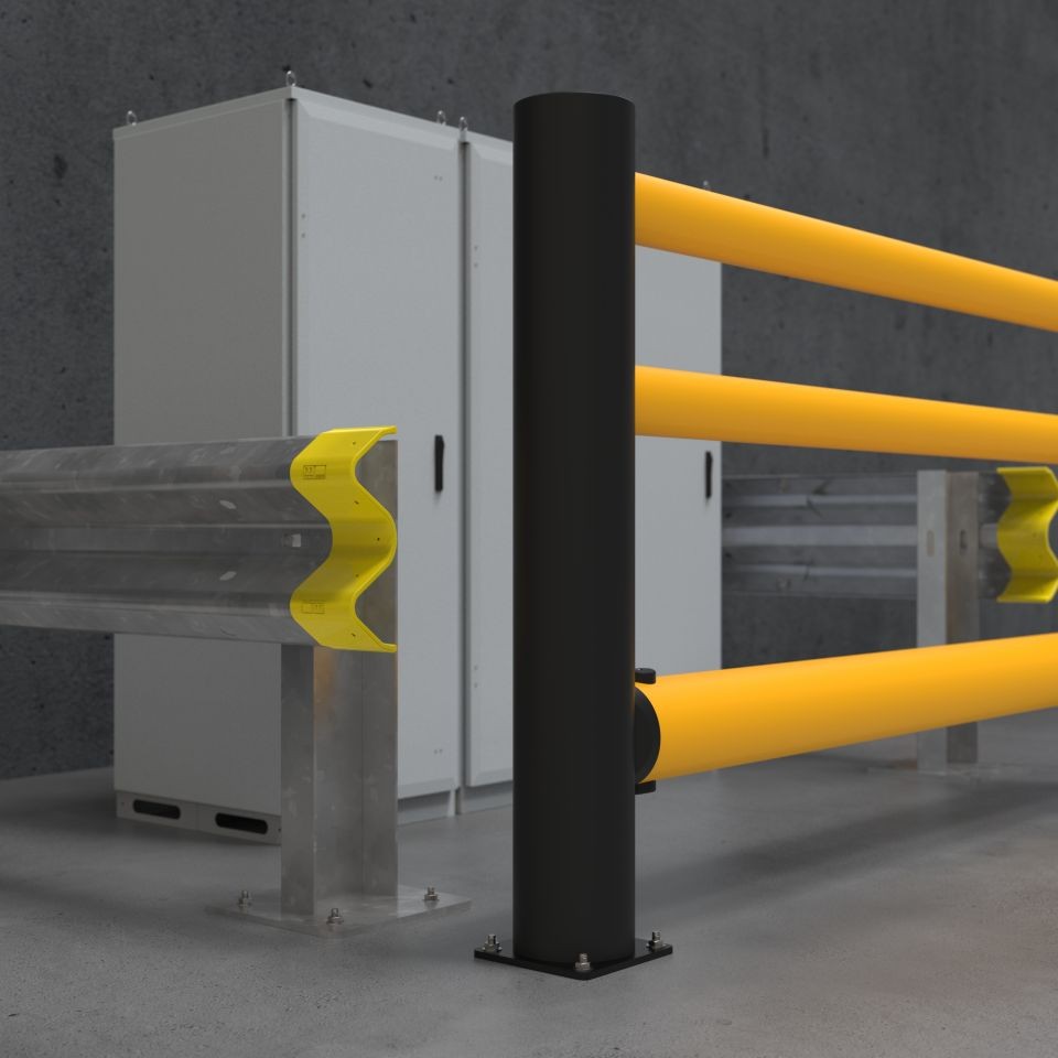 Warehouse facility interior with guardrail, bollards, and a marked pedestrian walkway